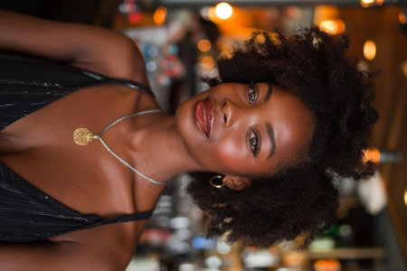A woman with a big smile and an afro wearing jewelry, AIの素材