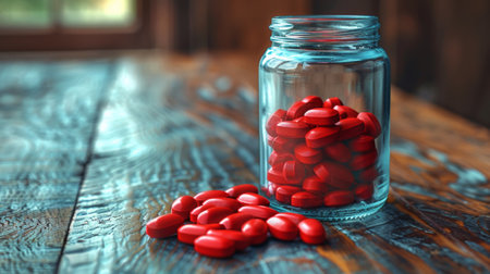 A jar of pills on a table with some spilled out, AIの素材