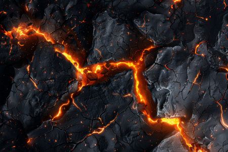 A close up of a lava flow with orange flames, AIの素材