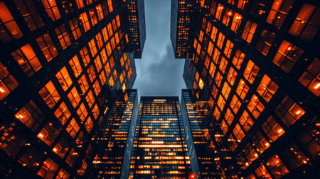 A view of a tall building with windows lit up at night, AIの素材