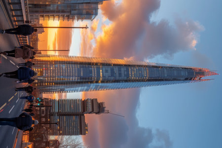 A group of people walking down a street next to the shard, AIの素材