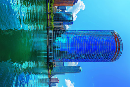A large blue building sitting on top of a body of water, AIの素材
