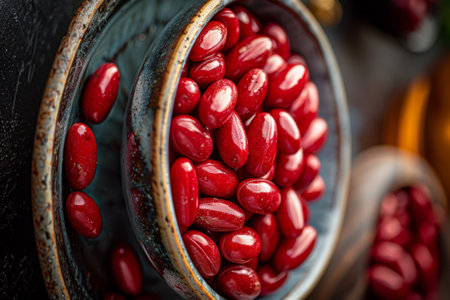 A bowl of red beans on a table with other bowls, AIの素材