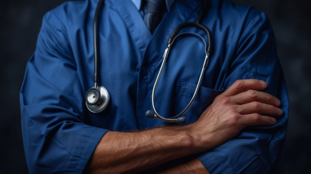 A man in blue scrubs with stethoscope and arms crossed, AIの素材