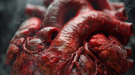 A close up of a human heart with red blood flowing through it, AIの素材