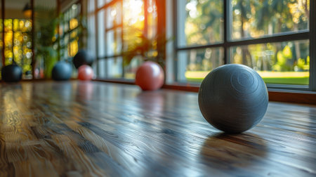 A row of exercise balls on a wooden floor in front of windows, AIの素材