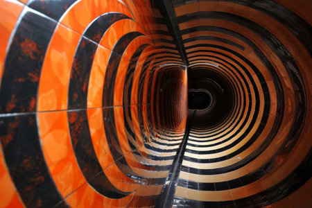 A very long and narrow tunnel with orange, black and white tiles, AIの素材
