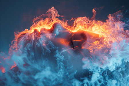 A womans face is covered in flames and smoke, AIの素材