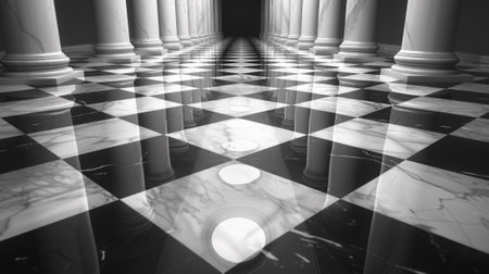 A black and white photo of a hallway with columns, AIの素材
