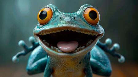 A close up of a cartoon frog with big eyes and tongue sticking out, AIの素材