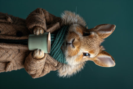 A small rabbit wearing a coat and holding up a cup, AIの素材