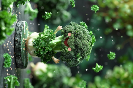 A broccoli with eyes and a mouth is sitting on top of some leaves, AIの素材