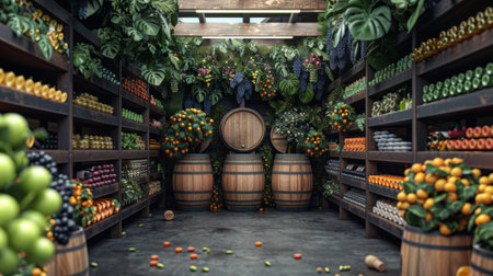 A large room with lots of fruit and vegetables in it, AIの素材