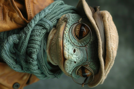 A close up of a lizard wearing glasses and hat with scarf, AIの素材