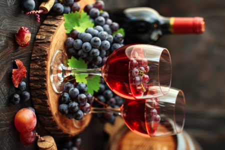 A close up of a table with wine glasses and grapes, AIの素材