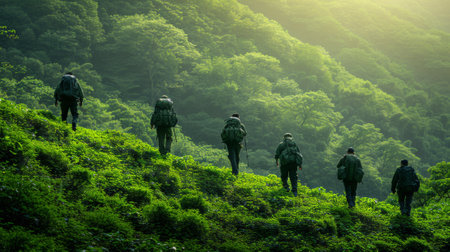 A group of men in military uniforms walking up a hill, AIの素材