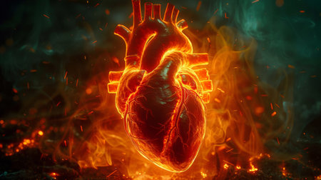 A heart is burning in flames with a fire background, AIの素材