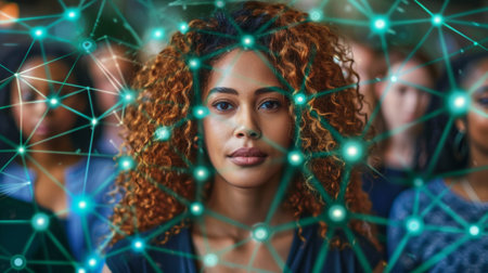 A woman with curly hair surrounded by a network of dots, AIの素材