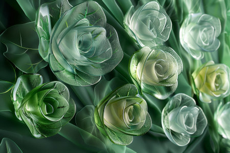 A bunch of green and white roses are arranged on a table, AIの素材