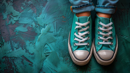 A person wearing a pair of green sneakers with white laces, AIの素材