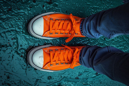 A person wearing orange sneakers standing on a wet surface, AIの素材