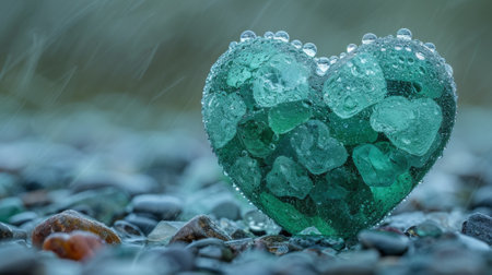 A heart shaped rock covered in rain drops sitting on a pile of rocks, AIの素材