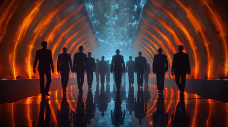 A group of men walking down a tunnel with orange lights, AIの素材