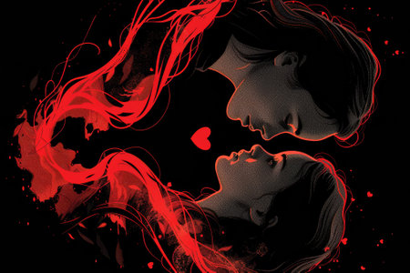 Two people are kissing each other with red hearts in the background, AIの素材