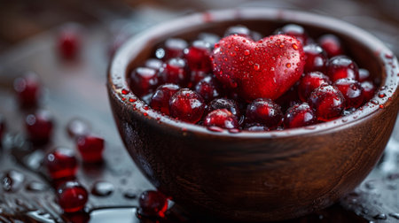 A bowl of red berries with a heart shaped pomegranate in it, AIの素材