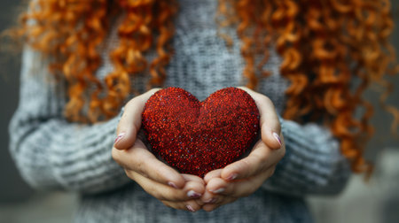 A woman holding a red heart shaped object in her hands, AIの素材