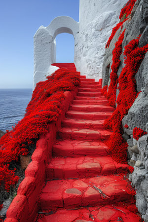 A red flowers are growing on a wall near the water, AIの素材