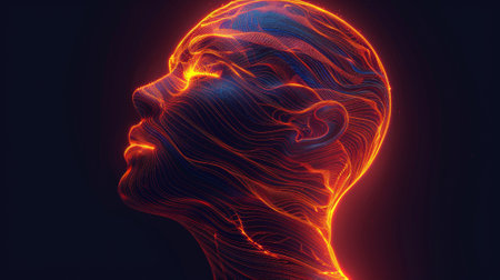 A neon image of a womans head with glowing lines, AIの素材