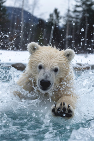 A polar bear swimming in a body of water with trees behind it, AIの素材