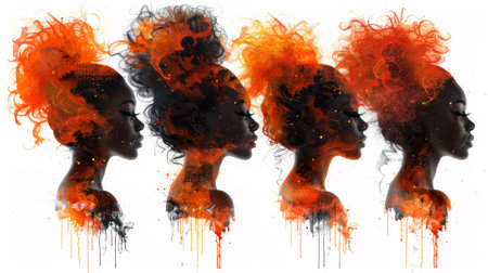 Three women with different hair styles are shown in a painting, AIの素材