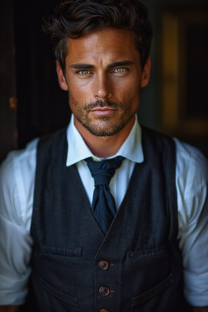 A man in a vest and tie with his eyes closed, AIの素材