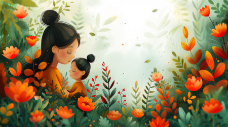 A woman and child in a field of flowers with orange leaves, AIの素材