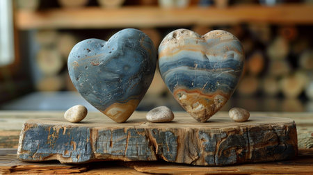 Two heart shaped rocks sitting on top of a wooden piece, AIの素材
