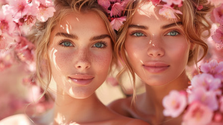 Two women with blue eyes and pink flowers on their heads, AIの素材