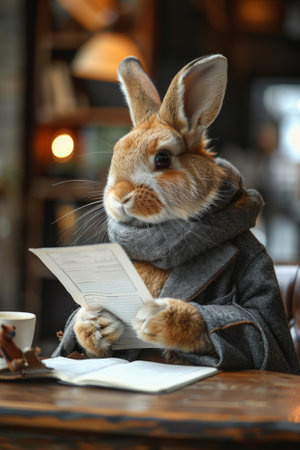A rabbit wearing a coat and reading something at the table, AIの素材