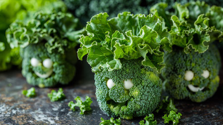 A group of broccoli heads with faces made out of it, AIの素材