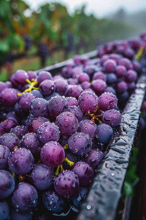 A bunch of grapes are sitting on a table with water droplets, AIの素材