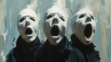 Three white masks with mouths open in a painting, AIの素材