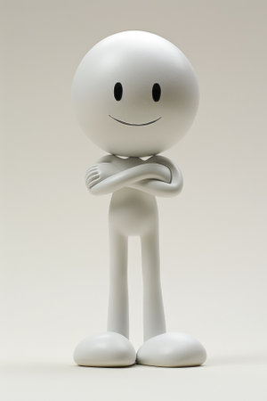 A white cartoon character with arms crossed standing on a table, AIの素材