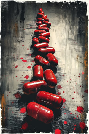 A line of red pills on a table with blood splatter, AIの素材