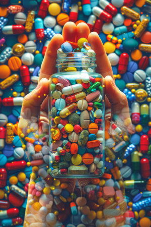 A person holding a jar filled with pills and other items, AIの素材