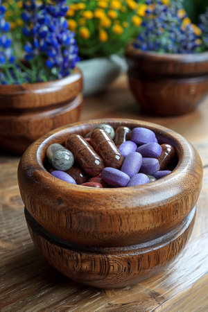 A wooden bowl filled with pills and flowers on a table, AIの素材