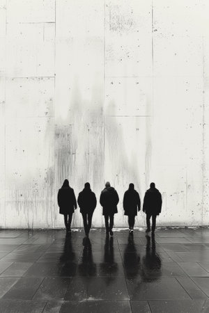 A group of five men walking in a line on the sidewalk, AIの素材