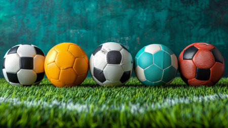 A row of soccer balls on grass with different colors, AIの素材