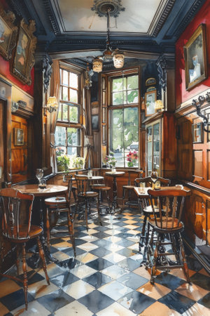 A painting of a room with checkered floors and tables, AIの素材