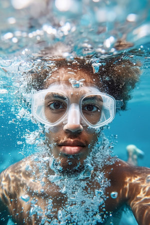 A man wearing goggles underwater in a swimming pool, AIの素材